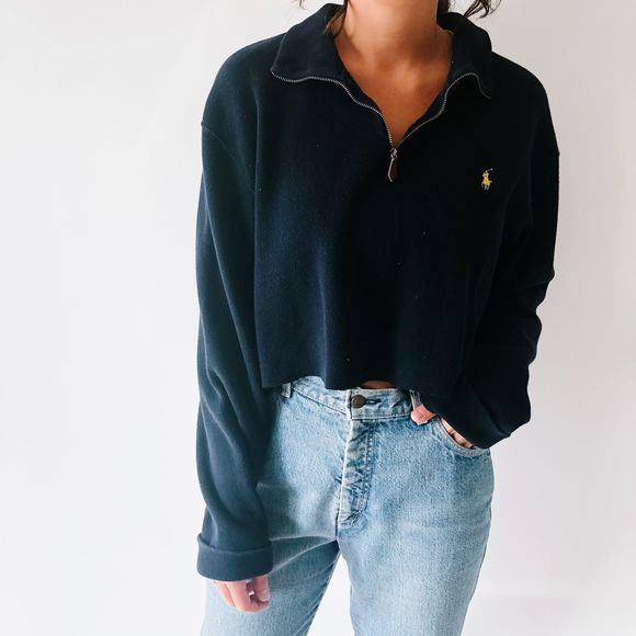 Ralph Lauren Sweaters - Cropped Polo By Ralph Lauren Half Zip in Navy XXL
